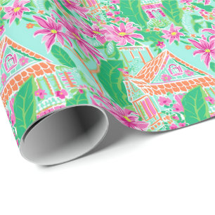 Palm Beach Christmas Watercolor Gingerbread Houses Wrapping Paper