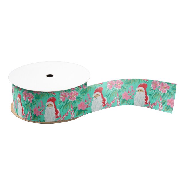 Palm Beach Christmas Watercolor Pink & Green Santa Grosgrain Ribbon (Spool)