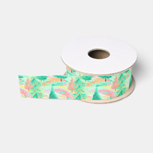 Palm Beach Christmas Watercolor Pink & Green Trees Grosgrain Ribbon