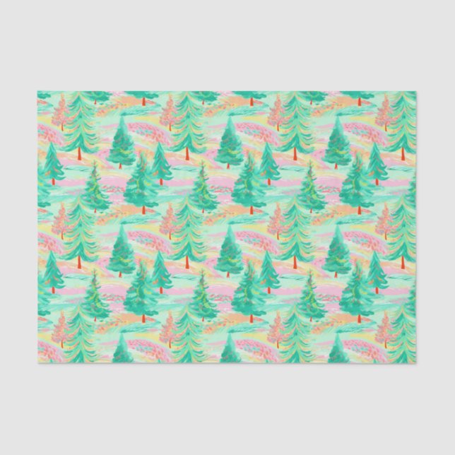 Palm Beach Christmas Watercolor Pink & Green Trees Tissue Paper (Front)