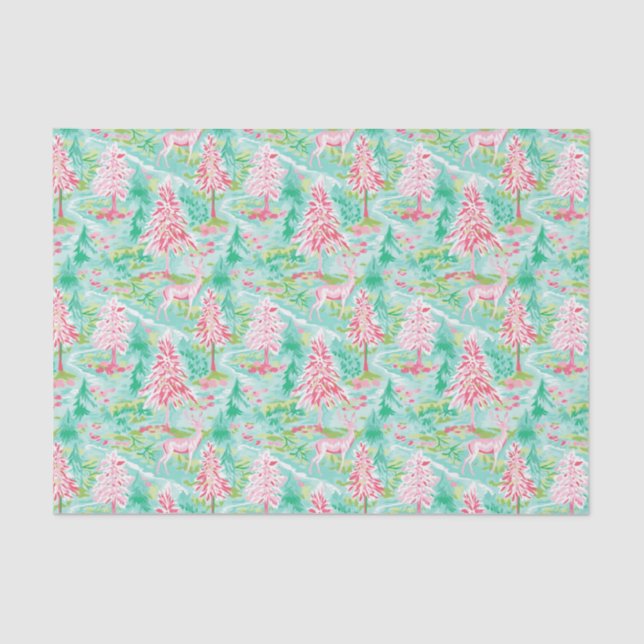 Palm Beach Christmas Watercolor Pink & Green Trees Tissue Paper (Front)