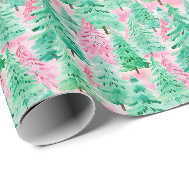 Palm Beach Christmas Watercolor Pink & Green Trees Wrapping Paper (Roll Corner)
