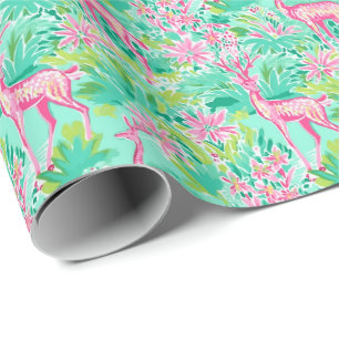 Palm Beach Christmas Watercolor Pink Reindeer Wrapping Paper