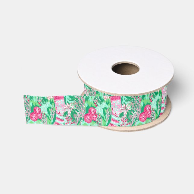 Palm Beach Christmas Watercolor Pink Stockings Grosgrain Ribbon (Spool)