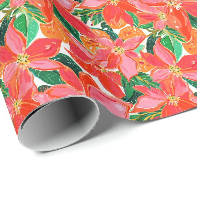 Palm Beach Christmas Watercolor Poinsettias Wrapping Paper (Roll Corner)
