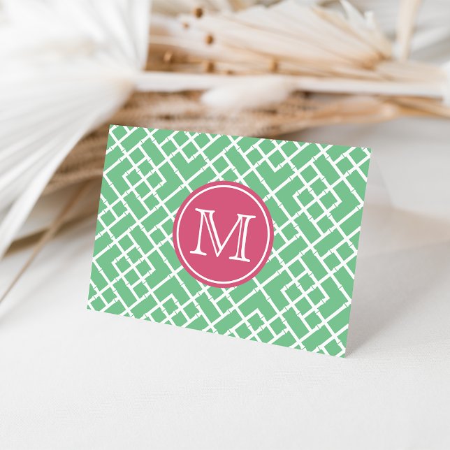 Palm Beach Green & Pink Geometric Bamboo Monogram Note Card (Creator Uploaded)