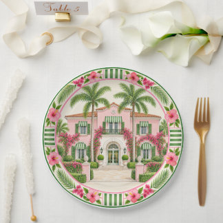 Palm Beach Pink & Green Tropical Mansion Hibiscus Paper Plate