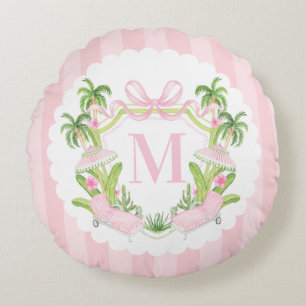 Palm Beach Pink Loungers Monogram Crest Round Pillow