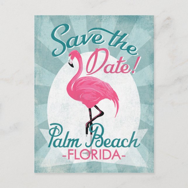 Palm Beach Save The Date Pink Flamingo Announcement Postcard (Front)