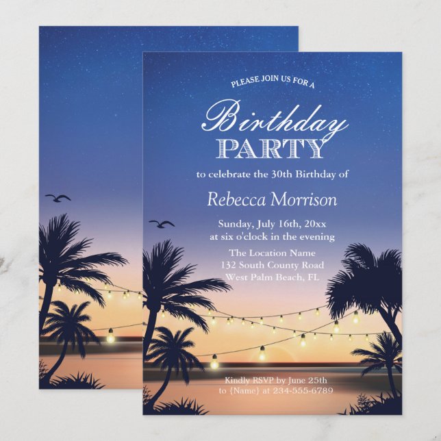 Palm Beach Sunset String Lights Birthday Party Invitation (Front/Back)