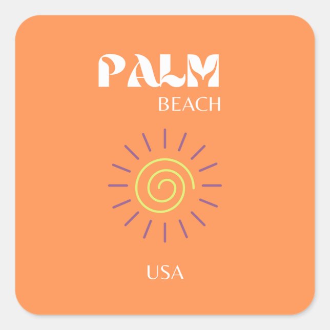 Palm Beach, Travel Art, Preppy, Orange Square Sticker (Front)