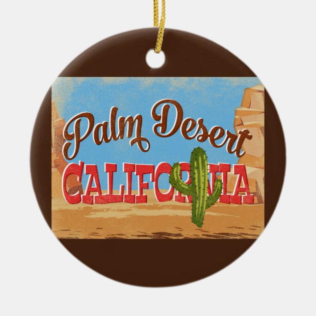 Palm Desert California Cartoon Desert Retro Travel Ceramic Ornament (Front)