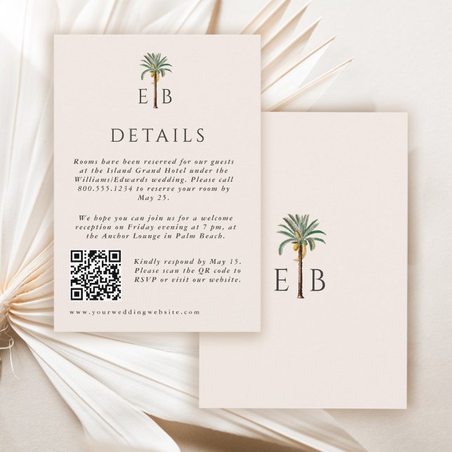 Palm Elegant Tropical Monogram Wedding Details Enclosure Card (Creator Uploaded)