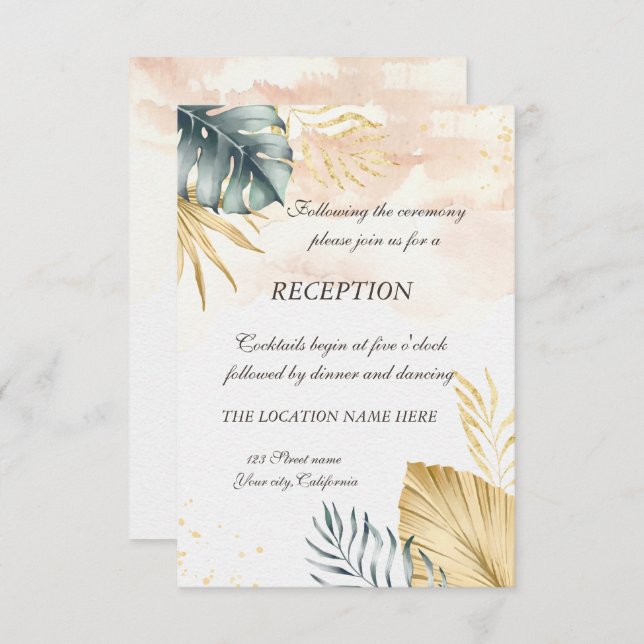 Palm Feuille Beach Mariage Réception Invitation (Devant / Derrière)