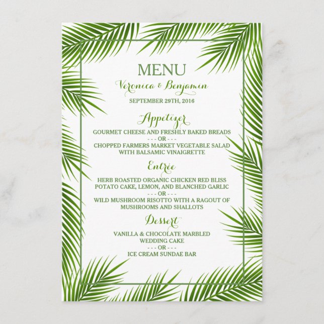 Palm Feuille Tropical Beach Wedding Menu (Devant)