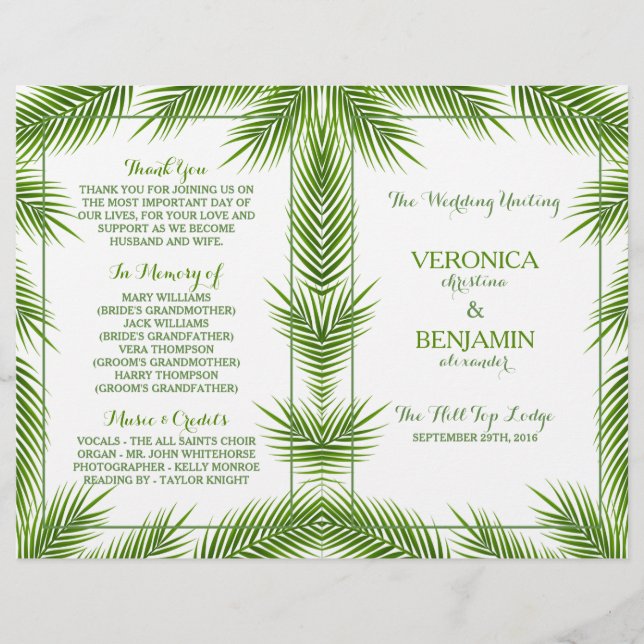 Palm Feuille Tropical Beach Wedding Programme (Devant)