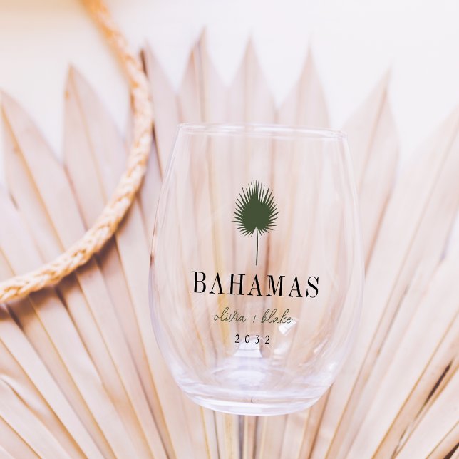 Palm Frond Destination Wedding Favour Stemless Wine Glass (Creator Uploaded)