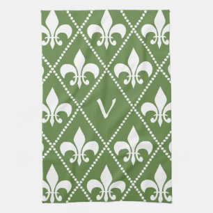 Palm Green Fleur de Lis with monogram initial Kitchen Towel