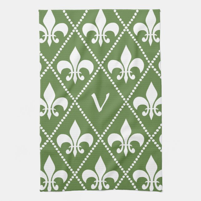 Palm Green Fleur de Lis with monogram initial Kitchen Towel (Vertical)