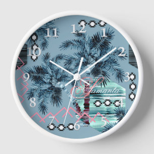 Palm Hawaiian blue black monogram personalized Clock