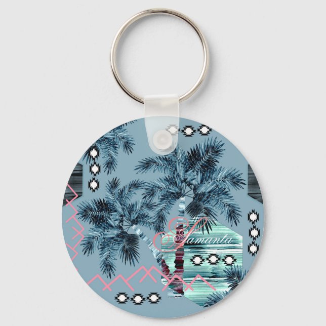 Palm Hawaiian blue black monogram personalized Keychain (Front)
