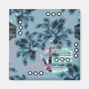 Palm Hawaiian blue black monogram personalized Magnet