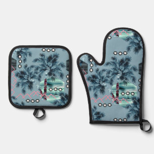 Palm Hawaiian blue black monogram personalized Oven Mitt & Pot Holder Set