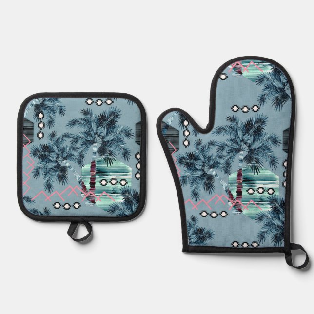 Palm Hawaiian blue black monogram personalized Oven Mitt & Pot Holder Set (Front)