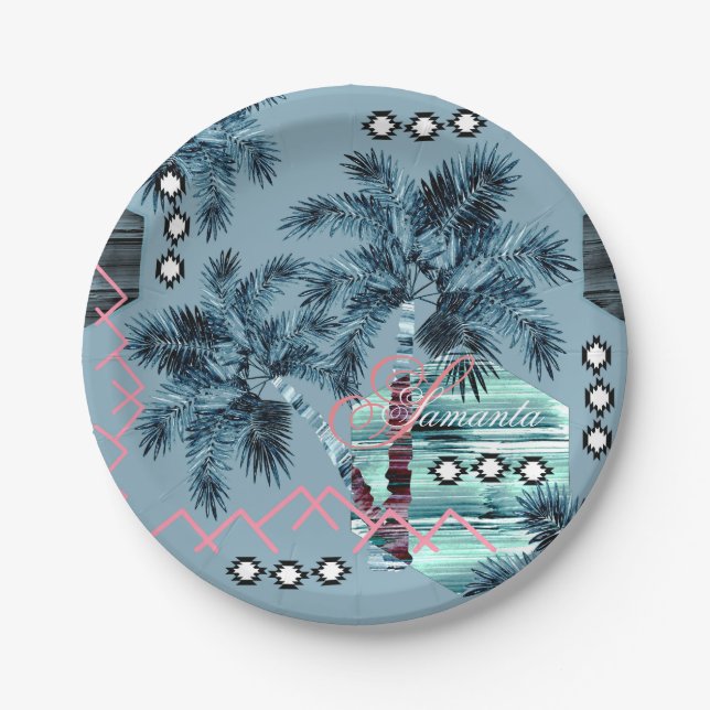 Palm Hawaiian blue black monogram personalized Paper Plate (Front)