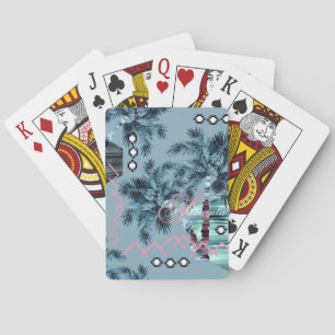 Palm Hawaiian blue black monogram personalized Playing Cards