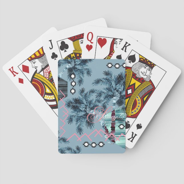 Palm Hawaiian blue black monogram personalized Playing Cards (Back)