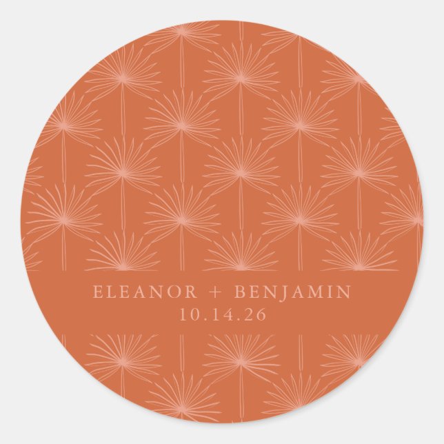 Palm Leaf Botanical Burnt Orange Custom Wedding Classic Round Sticker (Front)