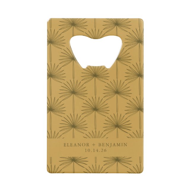 Palm Leaf Botanical Mustard Yellow Custom Wedding Credit Card Bottle Opener (Front)