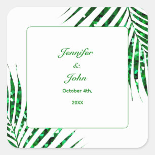 Palm Leaf Emerald Green Glitter Tropical Wedding Square Sticker