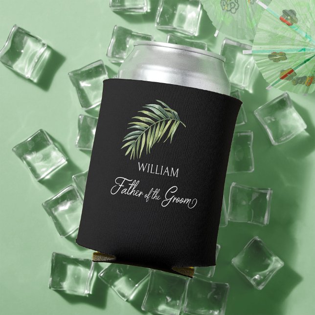 Palm Leaf Father of the Groom Any Colour Can Cooler (Father of the Groom can cooler with tropical palm leaf and calligraphy)