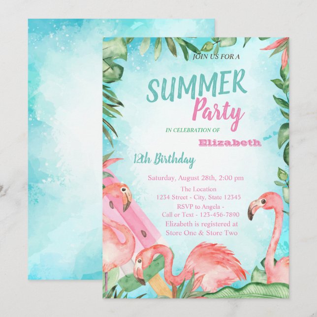 Palm Leaf, Flamingos,Ice cream Birthday Party   Invitation (Front/Back)