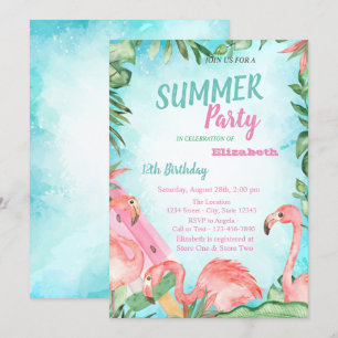 Palm Leaf, Flamingos,Ice cream Birthday Party   Invitation