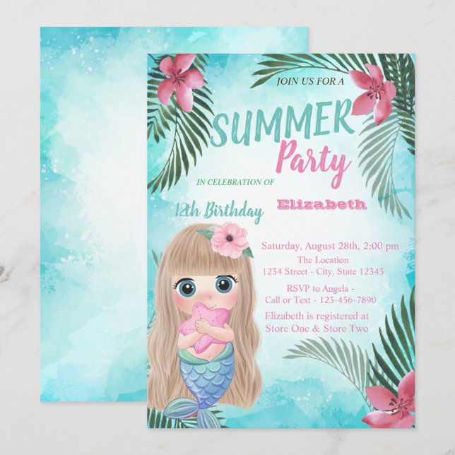 Palm Leaf, Flowers,Baby Mermaid Birthday Party Invitation (Front/Back)