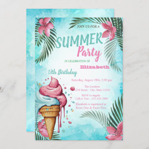 Palm Leaf, Flowers,Dripping Ice cream Birthday Invitation