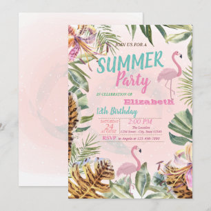 Palm Leaf, Flowers,Flamingos  Birthday Party Invitation
