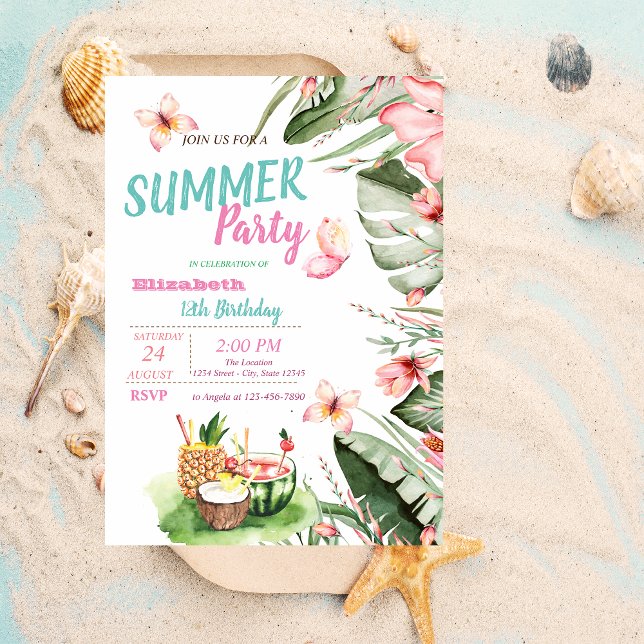 Palm Leaf,Flowers,Fruits,Butterflies Birthday  Invitation (Creator Uploaded)
