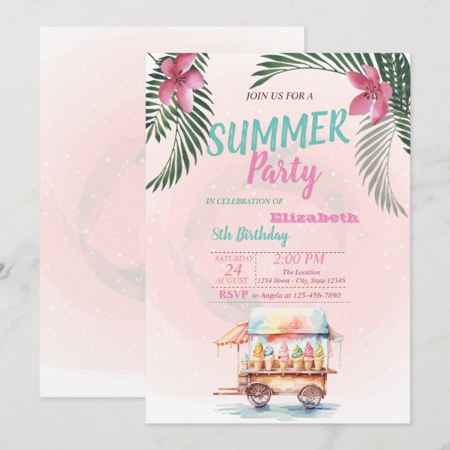 Palm Leaf, Flowers,Ice Creams Birthday Party Invitation (Front/Back)