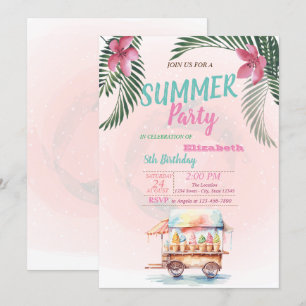 Palm Leaf, Flowers,Ice Creams Birthday Party Invitation