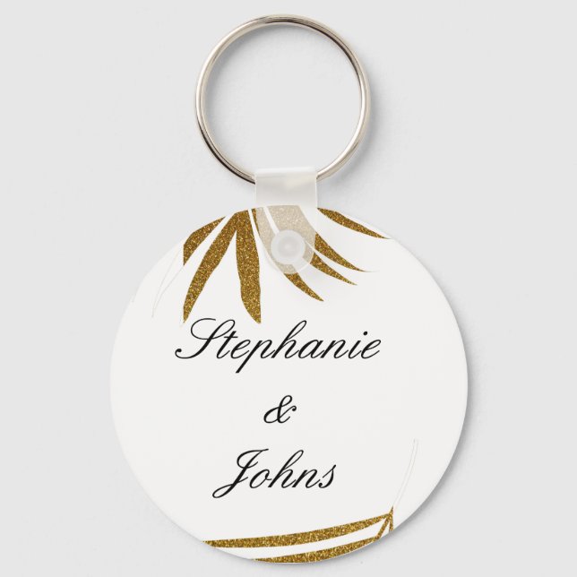 Palm Leaf Gold Glitter Custom Couple Name Tropical Keychain (Front)