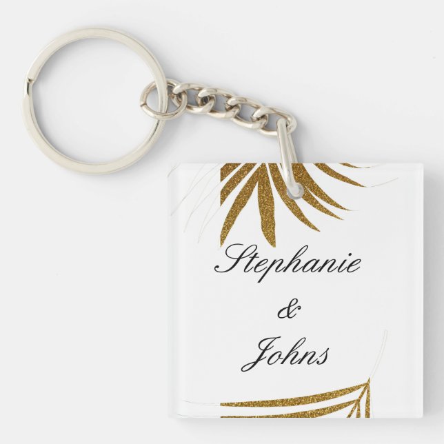 Palm Leaf Gold Glitter Custom Couple Name Tropical Keychain (Front)