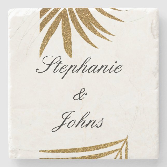 Palm Leaf Gold Glitter Custom Couple Name Tropical Stone Coaster (Front)