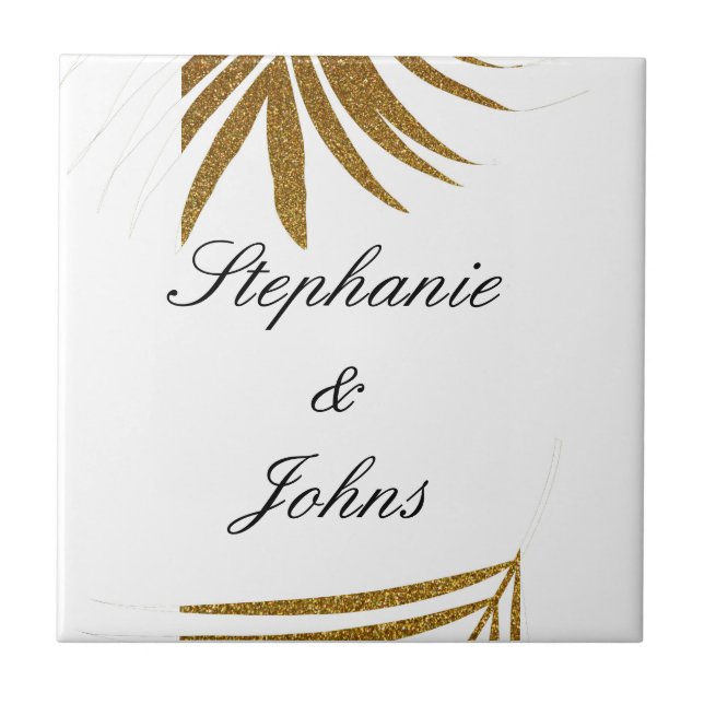 Palm Leaf Gold Glitter Custom Couple Name Tropical Tile (Front)