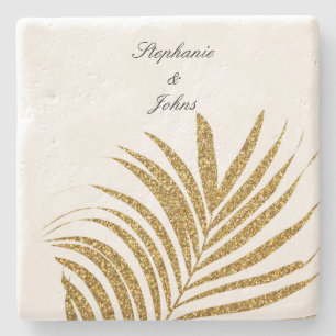 Palm Leaf Gold Glitter Custom Name Wedding Gift Stone Coaster
