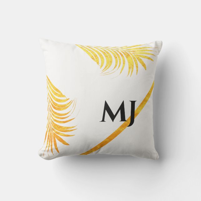 Palm Leaf Gold White Tropical Mnogram Initials Outdoor Pillow (Front)
