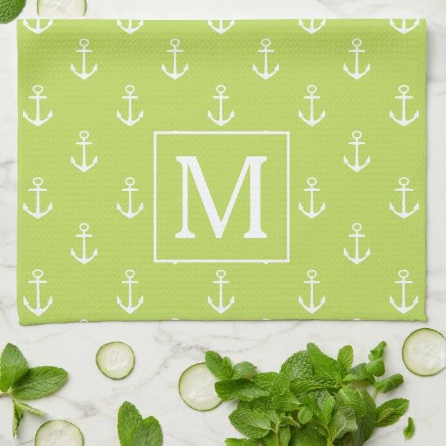 Palm Leaf Green and White Anchors Monogram Kitchen Towel (Folded)